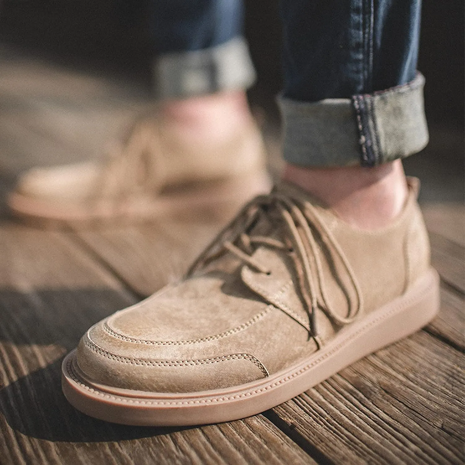 Mens Leather Oxford Dress Sneakers Business Casual Lace up Derby Shoes Smart Oxford Flat Shoe Comfort Khaki- US7.5/UK6.5/EU39
