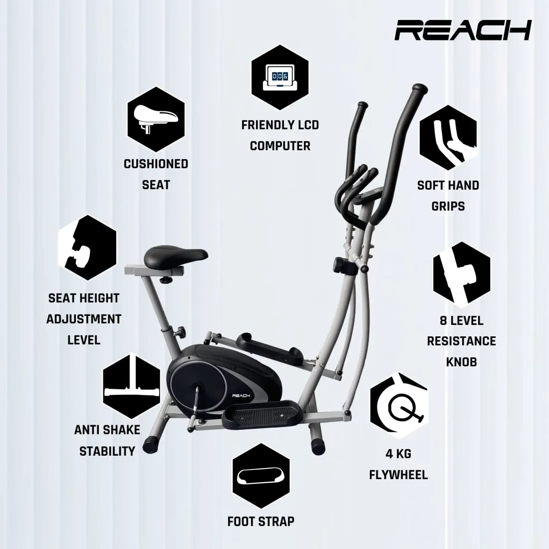 Reach C-200 Elliptical Cross Trainer with 4 Kg Flywheel for Home Gym | Exercise Cycle with 8 Level Adjustable Resistance, LCD Display & Health Tracker | Fitness & Cardio Training | 12 Months Warranty