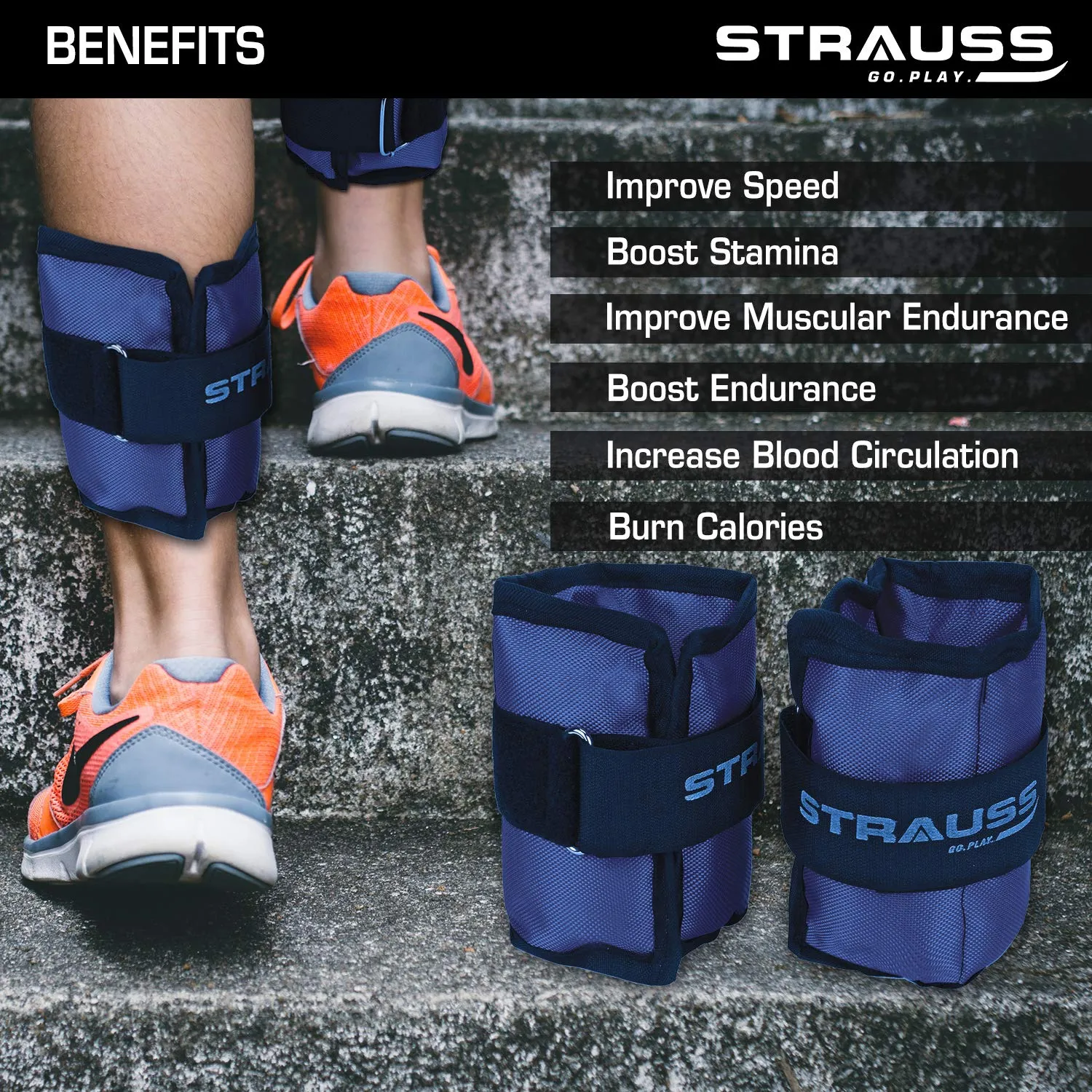 Strauss Adjustable Ankle/Wrist Weights 0.5 KG X 2 | Ideal for Walking, Running, Jogging, Cycling, Gym, Workout & Strength Training | Easy to Use on Ankle, Wrist, Leg, (Blue)