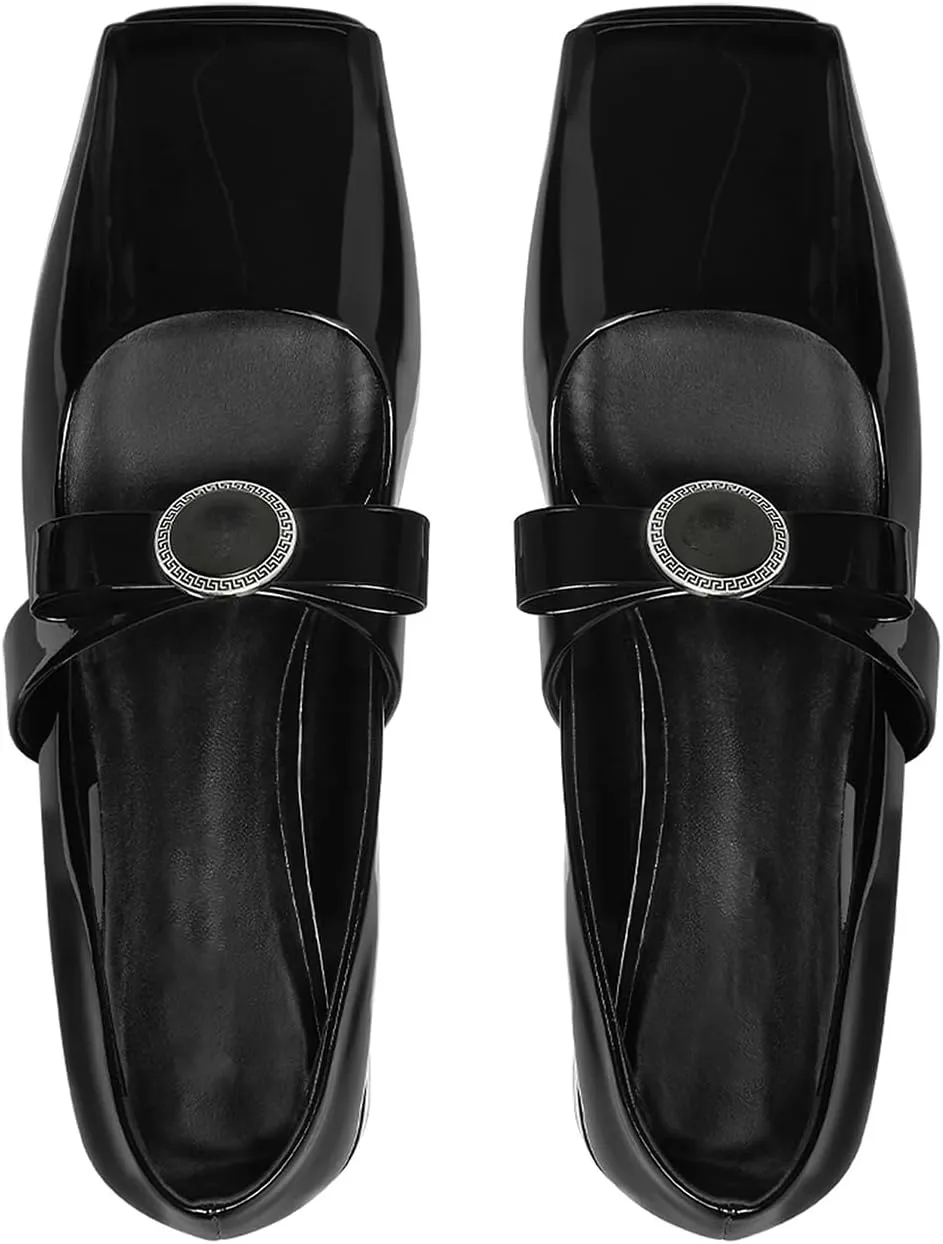 Women's Mary Jane Ballet Flat Shoes with Bows Slingback Strap Block Chunky Heel Ballerina Flats Closed Square Toe Comfortable Casual Dress Loafer Shoes Ladies Metallic Fabric